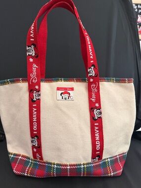 Old Navy Canvas Tote with Red Mickey Straps and Plaid Trim